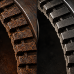 Corroded ABS tone ring next to a clean one on a medium duty truck brake rotor